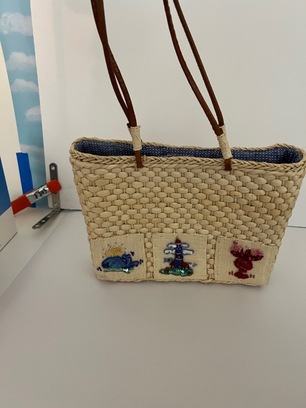 Wuacker Factory Woven Straw Tote with nautical beaded appliqués